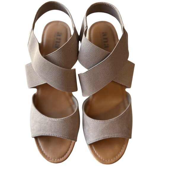 Ana Nautical Beige Elastic Strap Wedge Sandals 3.5" Heel Womens Size 11M - Picture 2 of 14